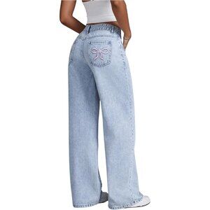 Vibrant Light Wash Y2K Baggy Jeans with Bow and Embroidery - Fall Must-Have